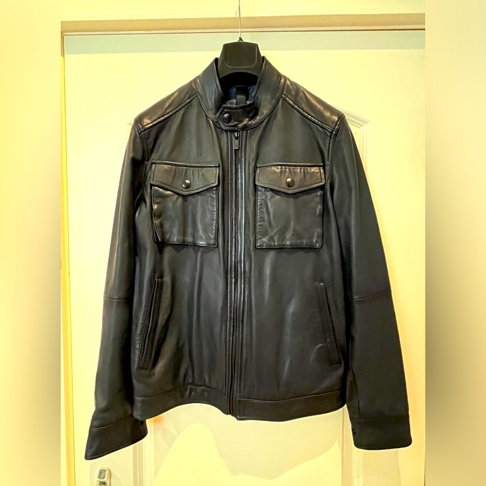Massimo dutti leather racing jacket in dark blue